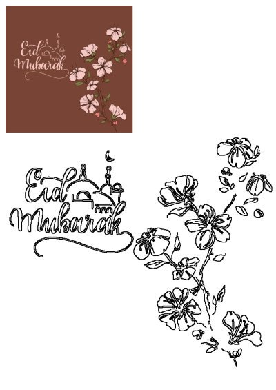 Elegant Eid Mubarak greeting card design with white calligraphy, mosque, and pink flowers on a brown background, accompanied by its outline.