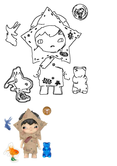 Action figure, blue gummy bear, and toy fish on white background. Features a collectible doll in cardboard, goldfish in shoes, and Snoopy art.