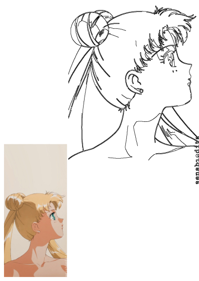 Sailor Moon anime character profile featuring blonde hair and blue eyes, depicted in both colored and line art form.