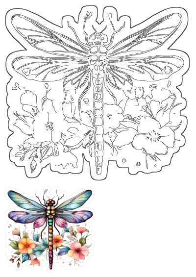 A vibrant watercolor illustration featuring a colorful dragonfly with detailed iridescent wings, surrounded by delicate blooming flowers.