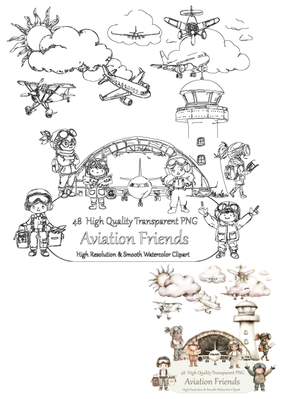 Sky Adventures Aviator Clipart Collection with pilot kids, airplanes, airport elements in both watercolor and outline styles.