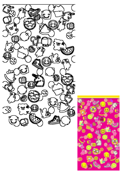 Vibrant pink iPhone wallpaper featuring a fun pattern of diverse emojis, ice cream, unicorns, cookies, watermelon, and trendy pop culture icons.