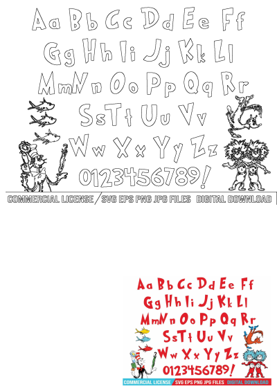 Dr Seuss Cat in the Hat alphabet letters, numbers, and symbols featuring characters like Thing 1 & 2. Includes both outline and colored versions for digital download.