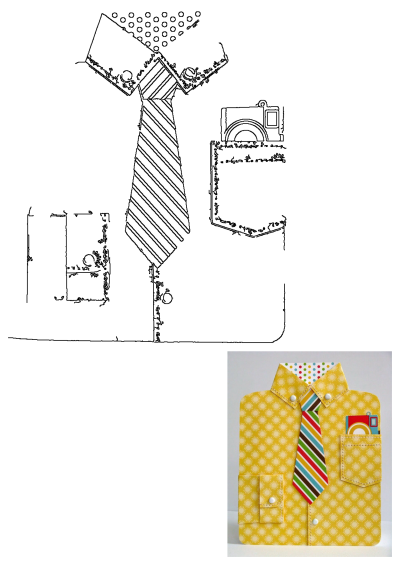 Unique yellow shirt greeting card featuring a colorful striped tie, polka dot collar, and a pocket with a mini camera.