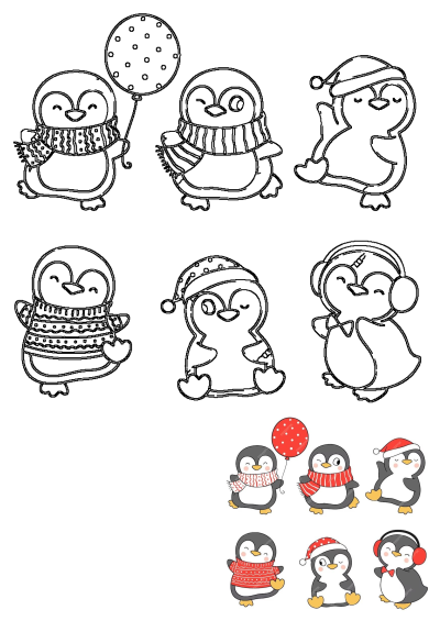 Cute winter penguin cartoon characters wearing scarves and hats, depicted in both colored and outline illustrations.