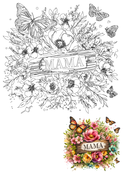 Mama Floral Butterfly Art Mothers Day Gift. A vibrant split design of floral art with butterflies and a 'MAMA' sign.