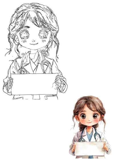A cute watercolor cartoon doctor wearing a lab coat and stethoscope, holding a blank sign. Includes a black outline drawing.