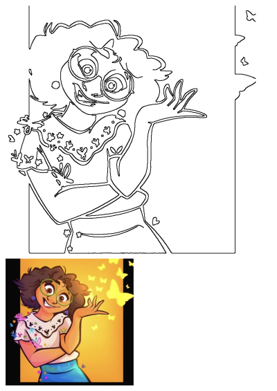 Smiling cartoon girl Mirabel with curly hair, green glasses, and butterflies on her top, set against a vibrant yellow background with more butterflies.