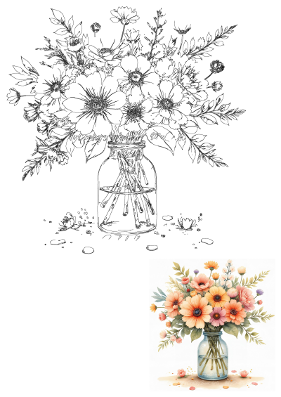 Detailed outline of a flower bouquet with various blossoms in a mason jar, alongside a smaller watercolor painting of the same vibrant floral arrangement.