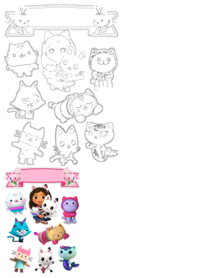 Printable Gabby's Dollhouse birthday cake toppers and decorations with Gabby, Pandy Paws, Cakey Cat, and more characters.