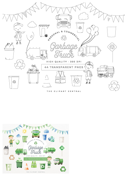Watercolor garbage truck clipart set with green trash cans, recycle symbols, flags, and a cute boy trash collector for eco-friendly designs.