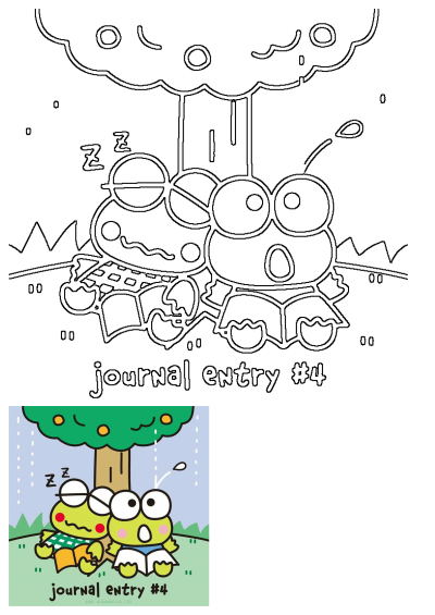 Sanrio's Keroppi and a friend are relaxing under a tree on a rainy day. One character reads a book while the other peacefully sleeps.