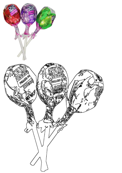 Olly Ranchers stacked lollipops featuring cherry, grape, and green apple flavors, with an outline drawing of them.