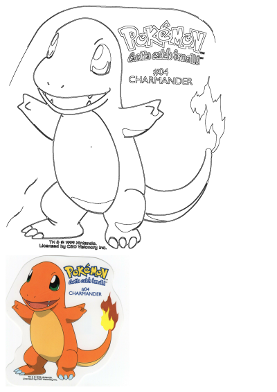Vintage 1999 Nintendo Charmander Pokemon sticker featuring the orange fire-type with a flame tail, alongside an outline drawing.
