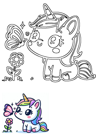 A charming cartoon illustration featuring a cute baby unicorn, a delicate butterfly, and a blooming flower, in both outline and full color.