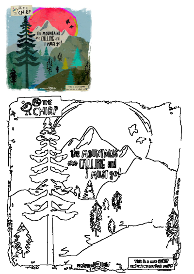 Natural Life Chirp 'Mountains Are Calling' poster. Whimsical illustration with red sun, majestic mountains, and evergreen trees.