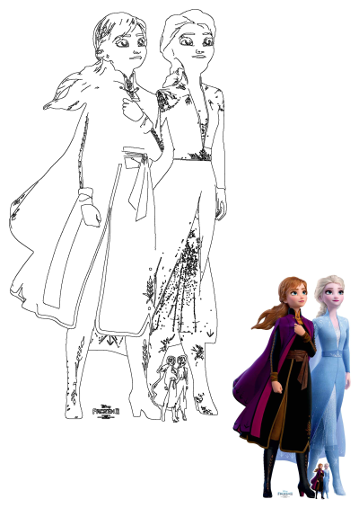 An outline drawing of Anna and Elsa from Frozen 2 standing together, featuring their distinct movie outfits and expressions, with a small color reference image.