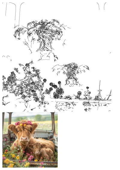 Adorable Highland cow and calf sitting in a vintage truck bed, surrounded by vibrant wildflowers, the cow adorned with a flower crown.