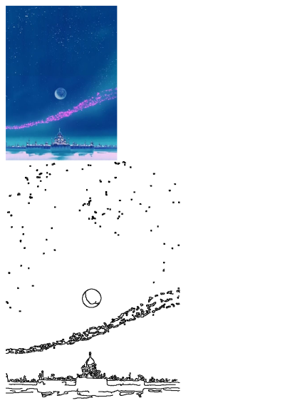 A vibrant starry night sky with a crescent moon and glittering pink streaks, illuminating a majestic cityscape reflecting in calm waters.