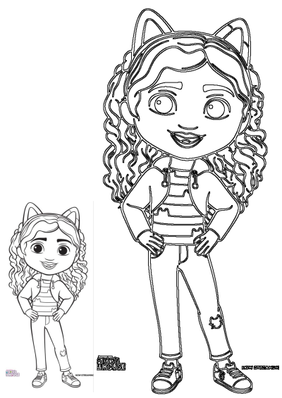 Abby Hatcher outline with cat ears, curly hair, smiling with hands on hips, perfect for children to print and color.