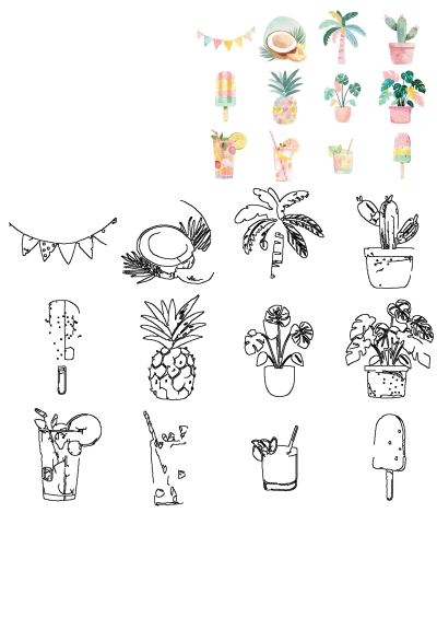 Vibrant watercolor tropical drinks, ice creams, bunting flags, palm trees, and plants, complete with matching line art outlines.