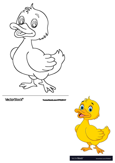 A delightful yellow cartoon duckling with big blue eyes and an orange beak, presented alongside its detailed black outline drawing.