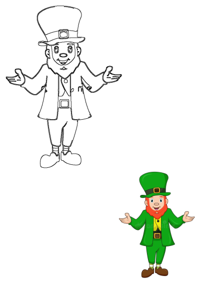 A cheerful cartoon leprechaun in a green suit and top hat, shown in both full color with a red beard and as a black outline drawing.