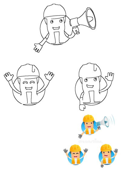 Cartoon construction worker character in hard hat, vest, holding a megaphone, waving. Includes outline and colored royalty vector illustrations.
