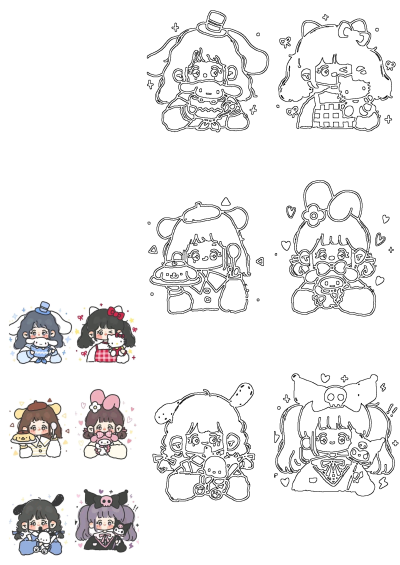 Collection of cute anime girls featuring Sanrio characters such as Cinnamoroll, Hello Kitty, My Melody, and Kuromi in charming poses.