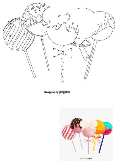 Assorted candy lollipops with various toppings including stripes, sprinkles, and bows, shown as colorful illustrations and black outlines.