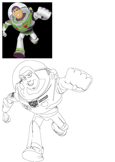 Buzz Lightyear, the iconic Toy Story space ranger, depicted in a powerful flying pose. Features both a colored illustration and outline.