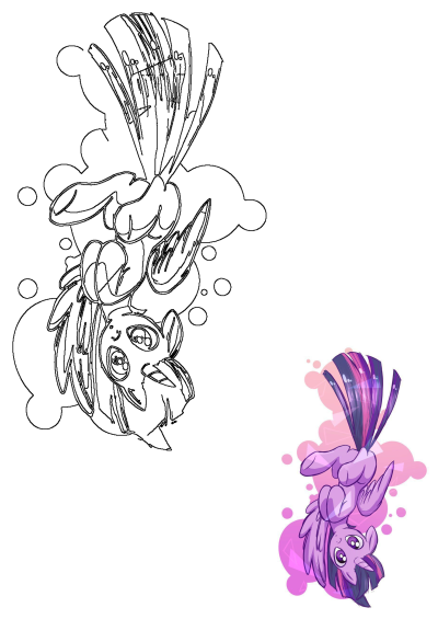 A vibrant purple pony with large pink eyes and striped mane flies upside down. Includes a B&W outline version on an abstract pink background.