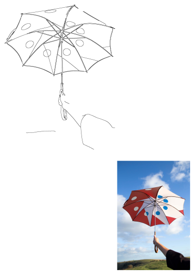 A hand holds a vibrant red and white spotted umbrella in a green field under a blue sky, presented alongside its line art sketch.