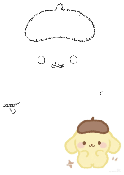 Cute yellow dog drawing with a brown hat and paws up, resembling Pompompurin. Includes an outline sketch of a similar character.