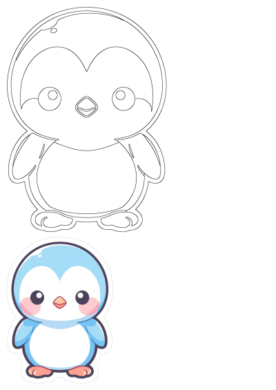 Cute cartoon baby penguin sticker illustration with blue wings and pink cheeks, shown alongside its black outline drawing.