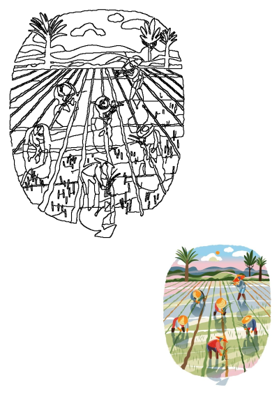 Farmers working in a vibrant rice field, wearing traditional straw hats, with lush palm trees and mountains in the rural landscape.