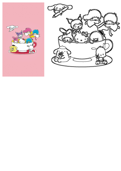 Hello Kitty and Sanrio friends (My Melody, Kuromi, Cinnamoroll, Little Twin Stars) in a teacup, shown both colorful and as line art on pink.