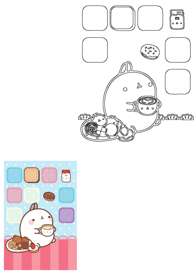 Cute cartoon character sips coffee, surrounded by donuts, cookies, and a cupcake on a charming polka-dot background wallpaper.