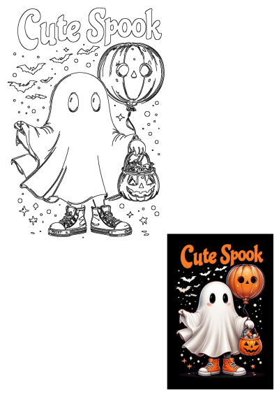 Cute Halloween ghost in orange sneakers with pumpkin balloon and candy bucket, bats, and 'Cute Spook' title.