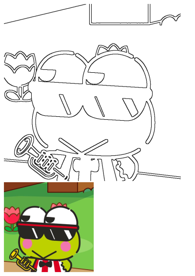 Outline drawing of a cool cartoon frog character wearing sunglasses and holding a trumpet, with a red flower.