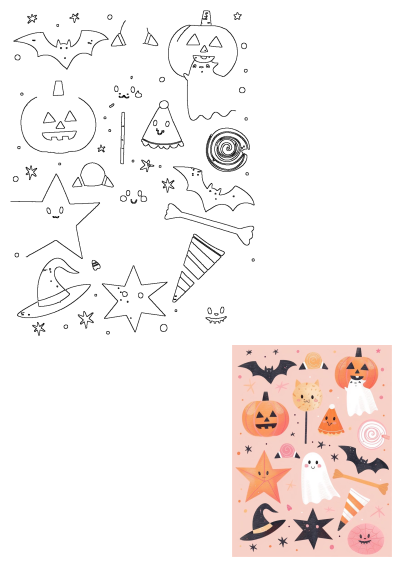 A charming collection of cute Halloween elements: grinning pumpkins, friendly ghosts, bats, stars, witch hats, candies, and a spiderweb on a pink background.