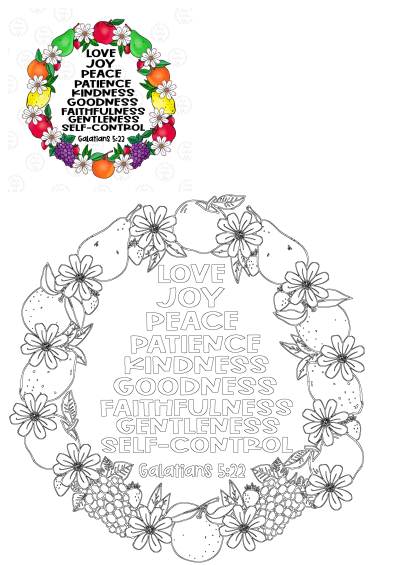 Fruit wreath with Love Joy Peace Goodness Self Control Galatians 5:22, showing a vibrant design & a black and white outline.