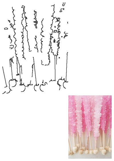 Pink White Rock Candy Sticks, vibrant and crystalline, are seen in a photo and as a matching black and white outline drawing.