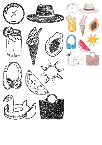 Watercolor and outline summer essentials collection: a straw hat, ice cream, watermelon, and a swan float with sunglasses.