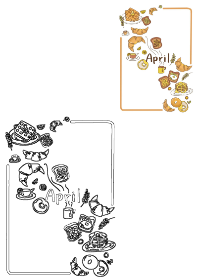 April food themed calendar month illustration showing colorful breakfast items like waffles, croissants, toast, and an outline version.