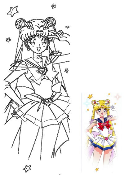 Sailor Moon, a blonde-haired anime girl, smiles amidst stars in her iconic uniform. This image includes both a colored and outline version.