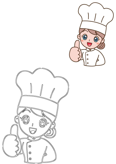 Cheerful cartoon female chef in uniform gives a thumbs up, accompanied by a black and white outline version.