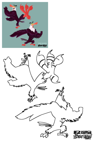 Full color illustration of Mighty Eagle from Angry Birds Movie, showcasing his powerful pose and majestic design, with a corresponding line art outline.