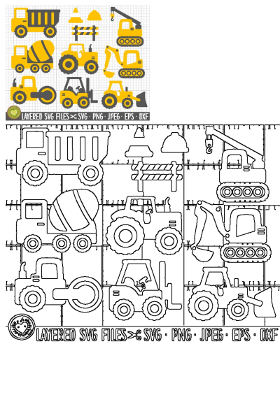 Yellow & grey construction vehicles vector set: dump truck, excavator, crane, mixer, road roller. Layered SVG, PNG, EPS files for crafts.