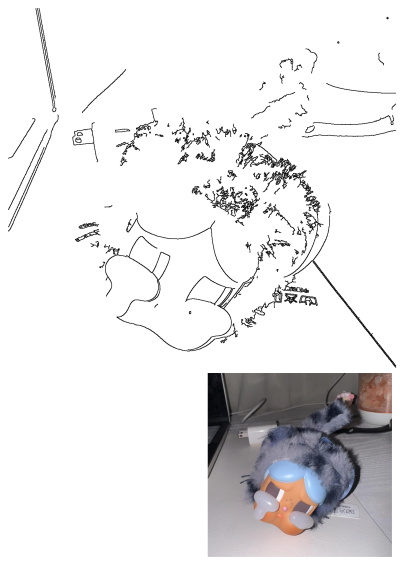 Line art of a cartoon character product pin with blue goggles and gray fur, depicting the outline of a cute plush toy.